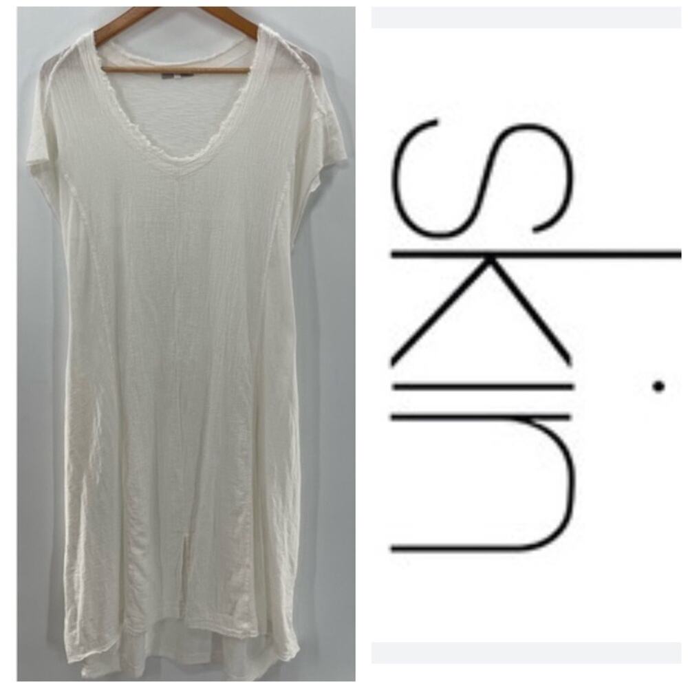 SKIN WORLDWIDE White Cotton Lightweight Gauzy Romantic Lagenlook Midi Dress S